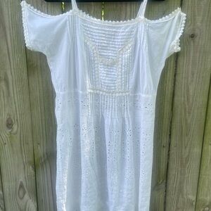 Johnny Was White Off-Shoulder eyelet Dress with Details.